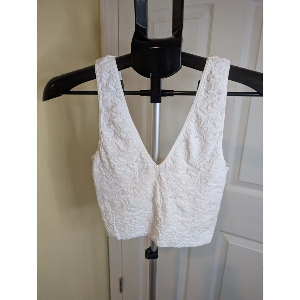 Nikibiki Crop Top Womens O/S White Floral Jacquard Seamless V-Neck